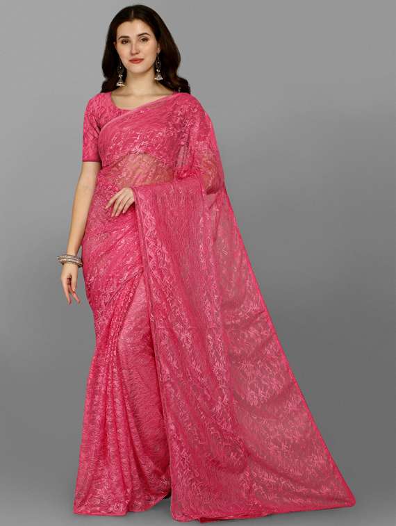 pink self design net saree
