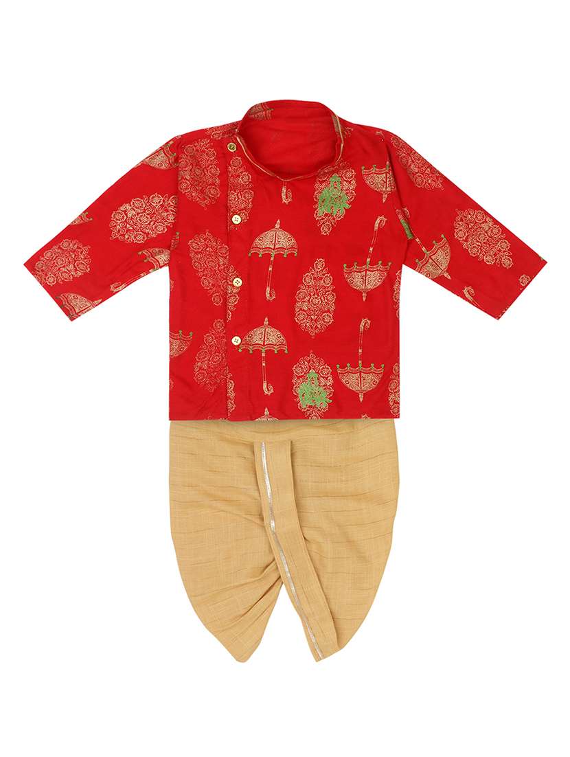 boys red block printed dhoti kurta set 