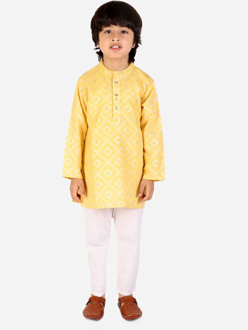boys yellow printed kurta pajama set 