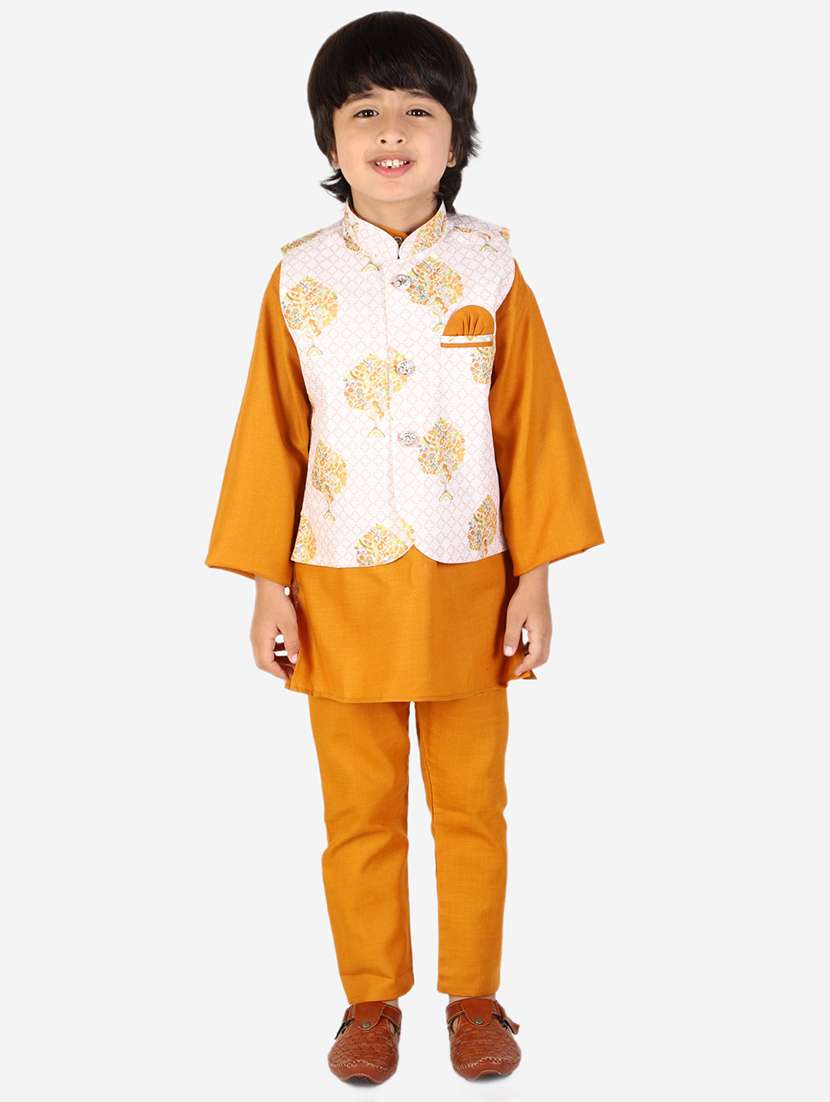 boys orange kurta pajama with printed nehru jacket