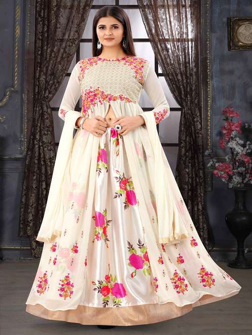 off-white floral semi-stitched flared suit sets - 18438533 - Standard Image - 0