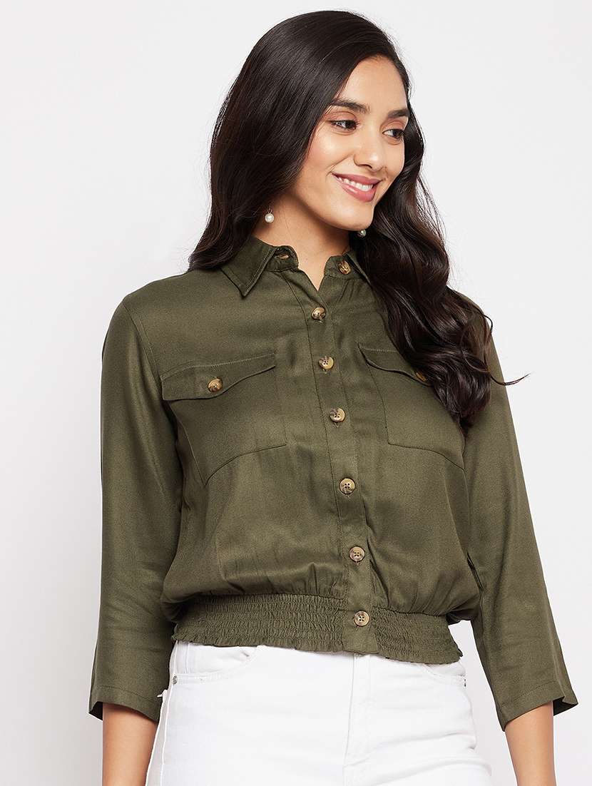 women solid collared short shirt - 18438584 - Standard Image - 2