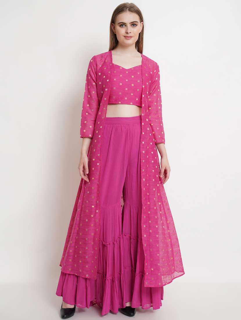 golden zari work top sharara set with shrug