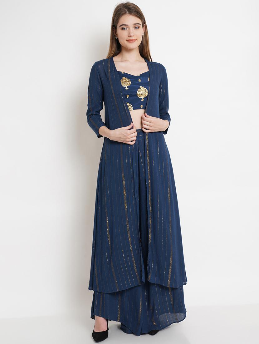 navy blue zari work top with palazzo & shrug