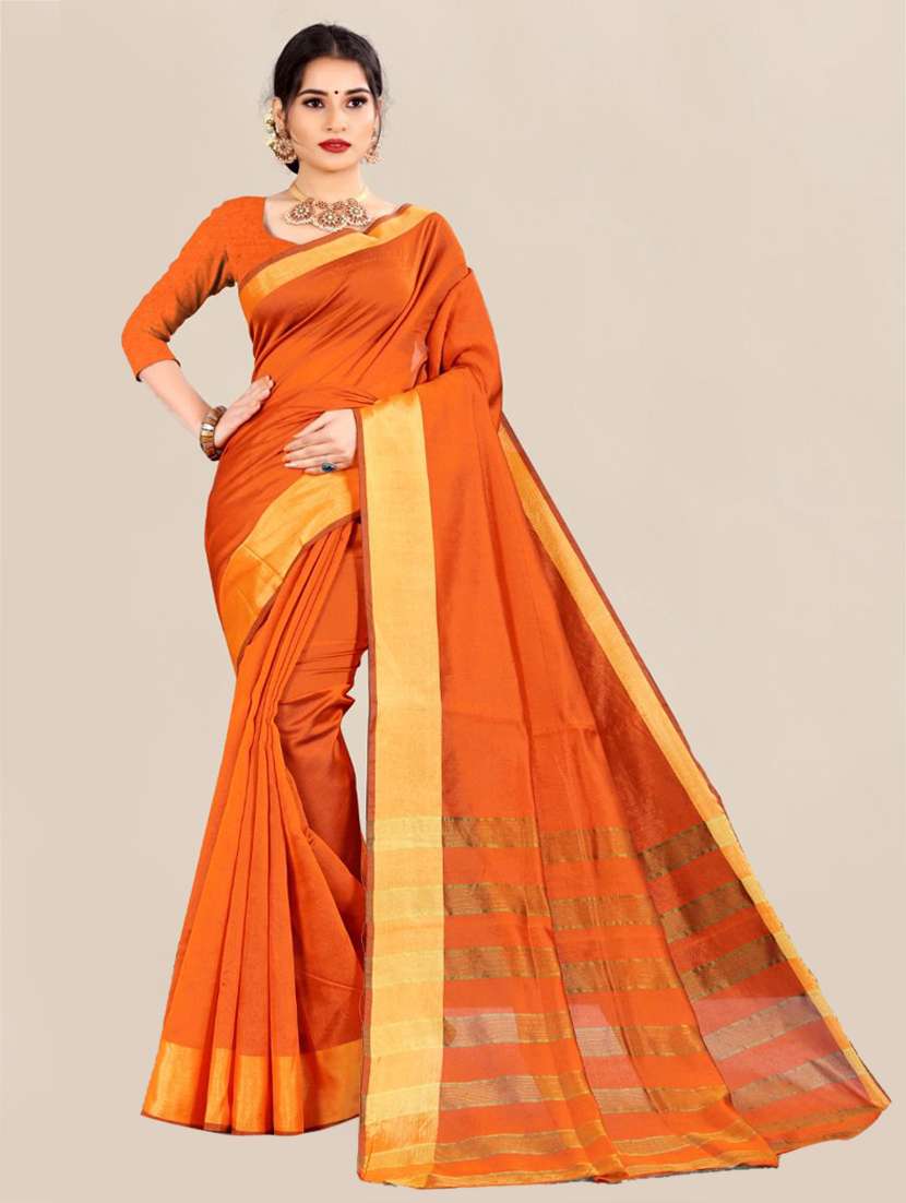 women's bordered orange colored saree with blouse