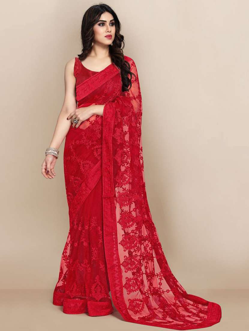 red tonal embroidered saree with blouse