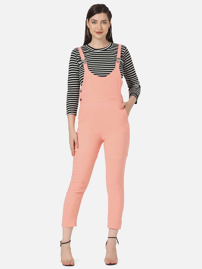 peach black striped dungaree jumpsuit