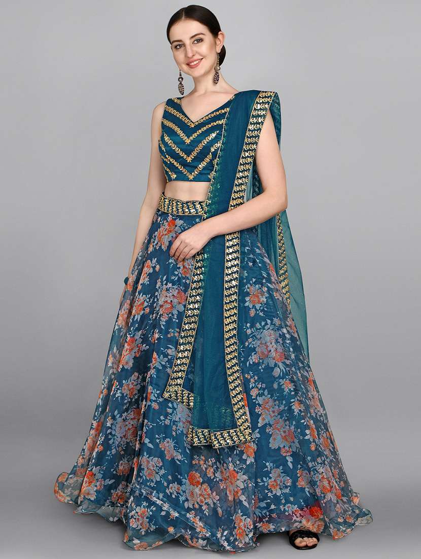 teal blue embroidered & sequence work floral semi-stitched lehenga choli with dupatta