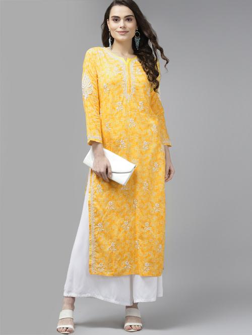 yellow cotton women chikankari straight kurta - 18439713 -  Standard Image - 0
