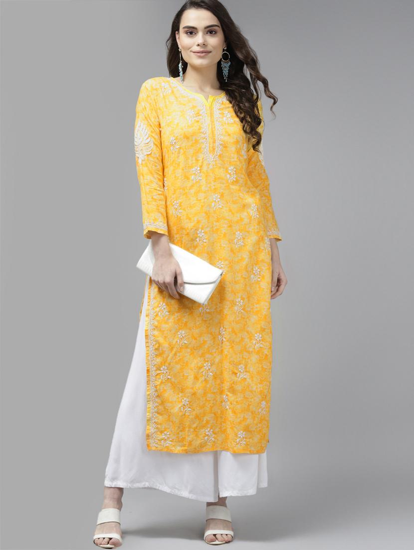 yellow cotton women chikankari straight kurta - 18439713 -  Zoom Image - 0