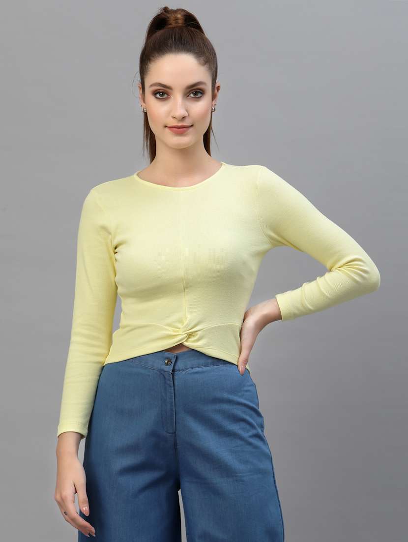 yellow solid long sleeved crop top - 18439875 -  Zoom Image - 0