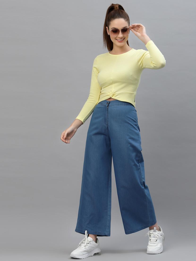 yellow solid long sleeved crop top - 18439875 - Standard Image - 2
