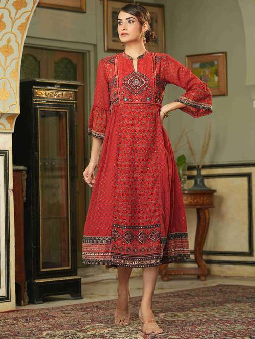 printed flared ethnic dress - 18439883 -  Standard Image - 0