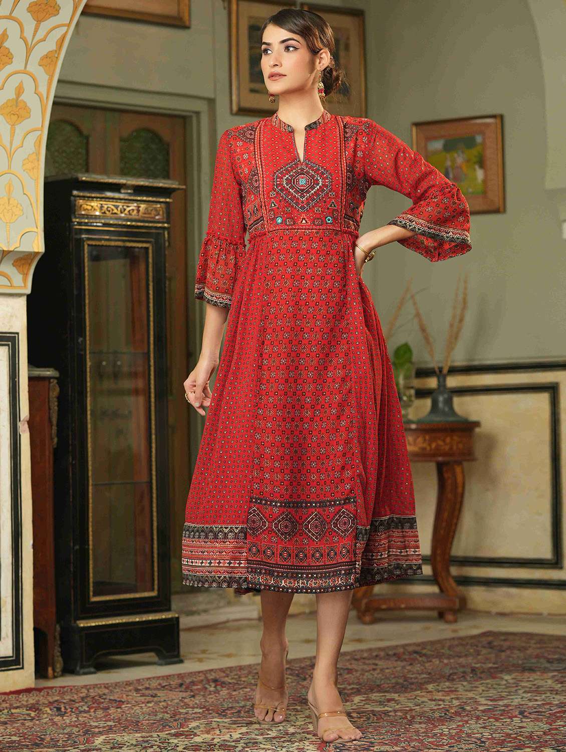 printed flared ethnic dress
