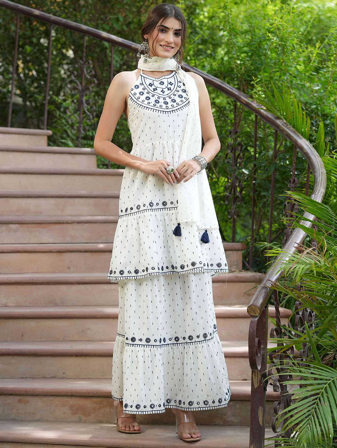 mirror work embroidered skirt top set with dupatta 