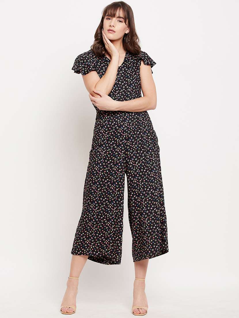 flute sleeved printed 3/4 jumpsuit