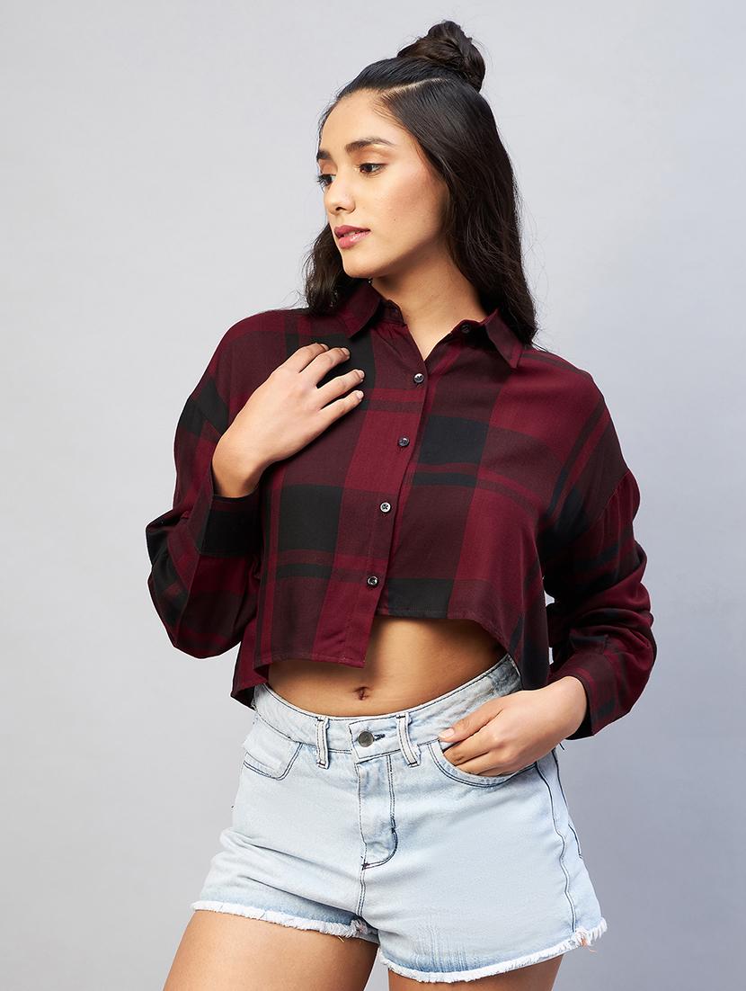 long sleeved checkered crop shirt - 18440109 - Zoom Image - 0