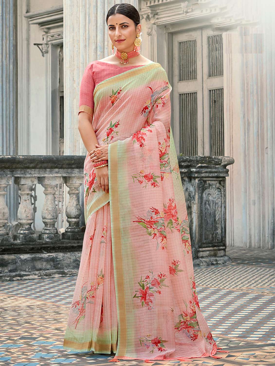 golden zari work printed saree