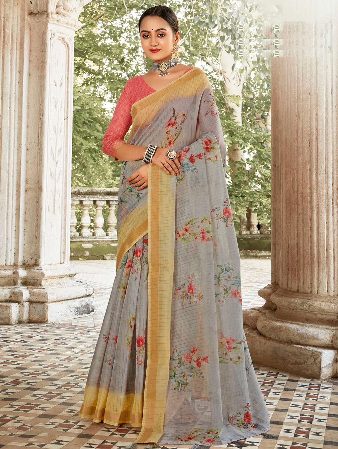 golden zari work printed saree with blouse