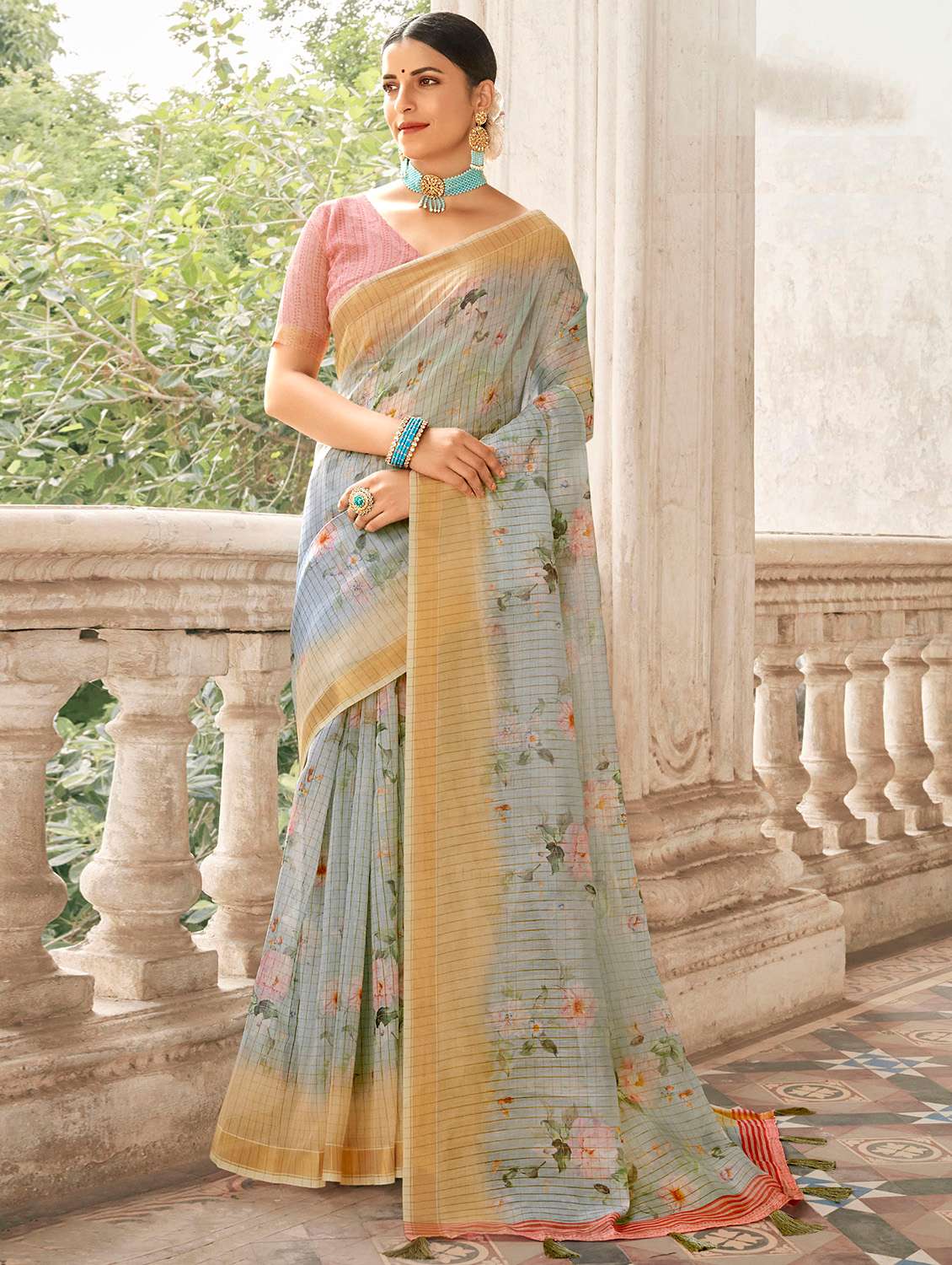 golden zari work printed saree with blouse