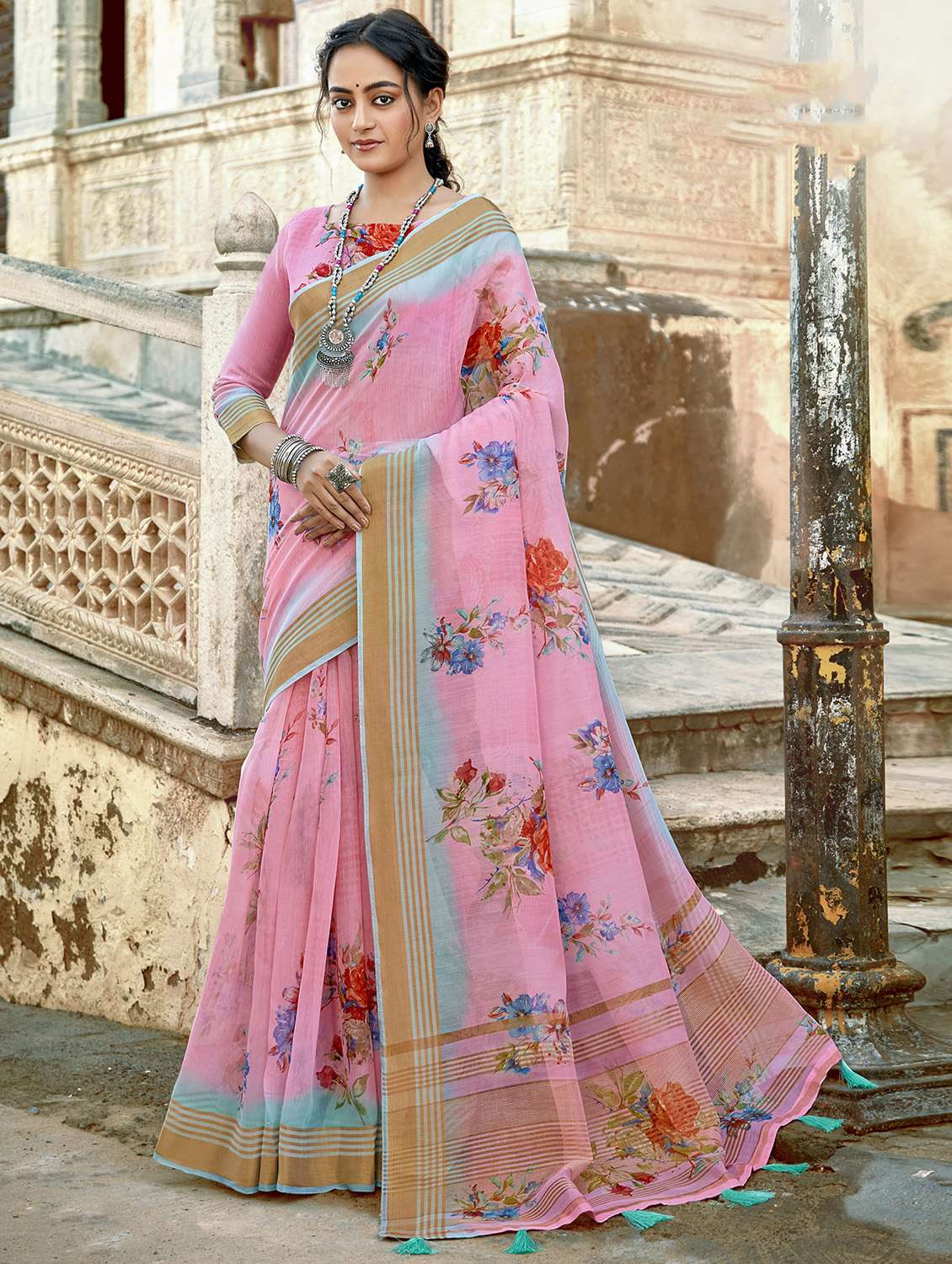 golden zari work printed saree with blouse