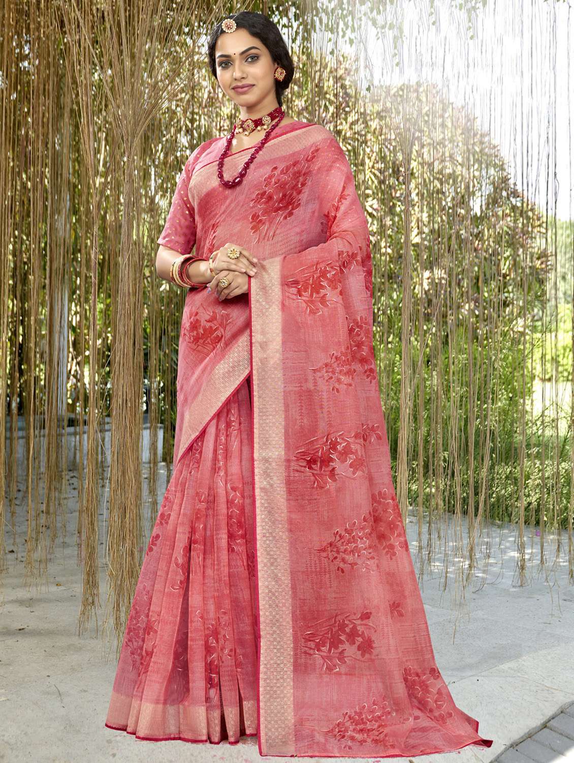 golden zari work printed saree with blouse