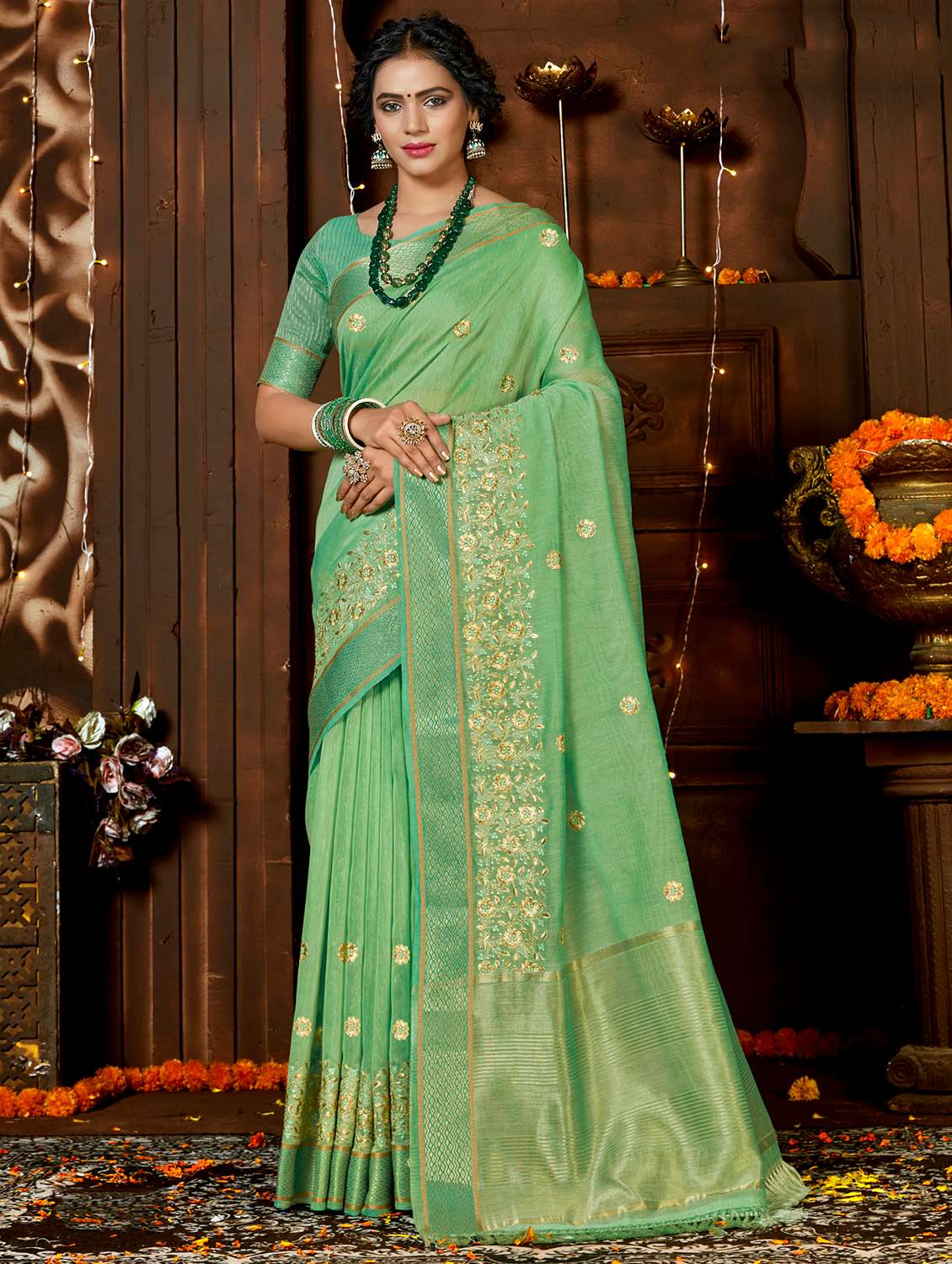 golden zari work embroidered saree with blouse