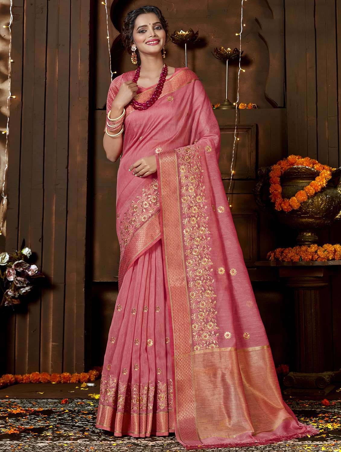 golden zari work embroidered saree with blouse