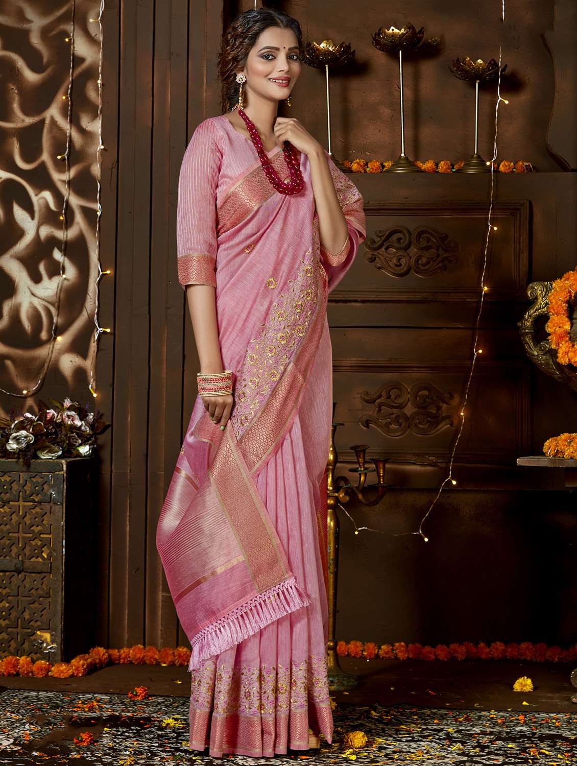 golden zari work embroidered saree with blouse