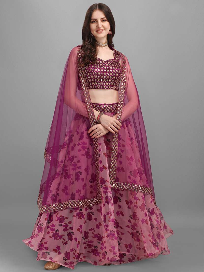 magenta embroidered floral semi-stitched lehenga choli with dupatta