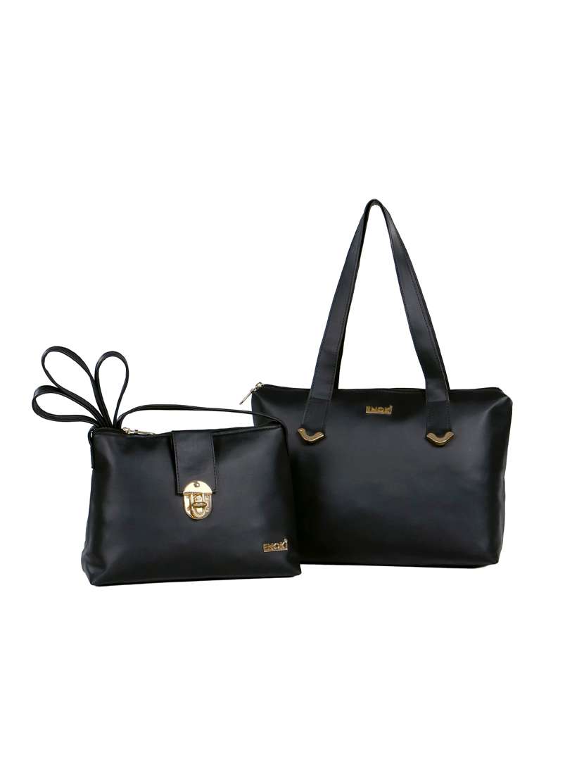 black solid handbag with sling bag