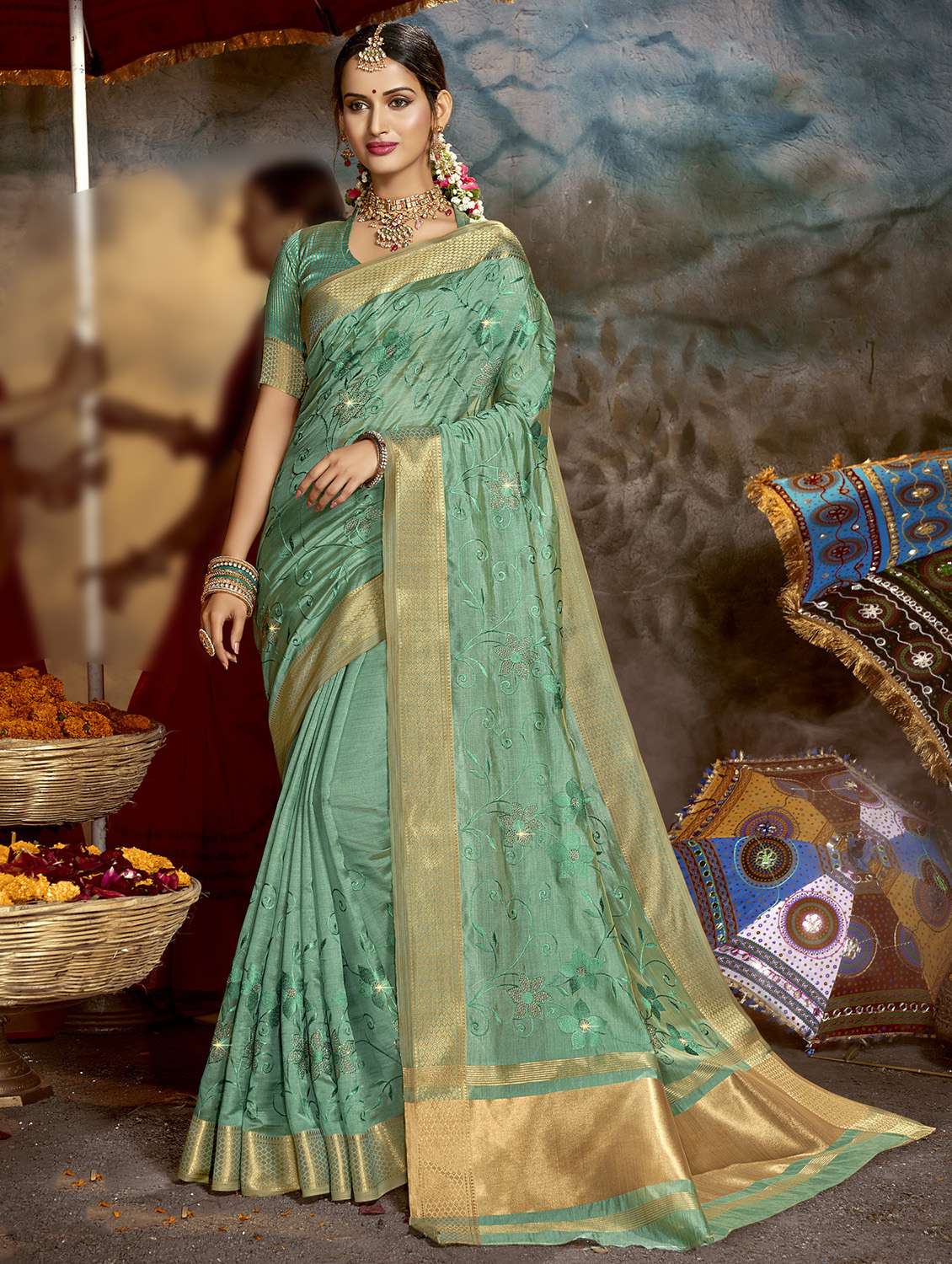 golden zari work tonal embroidered saree with blouse