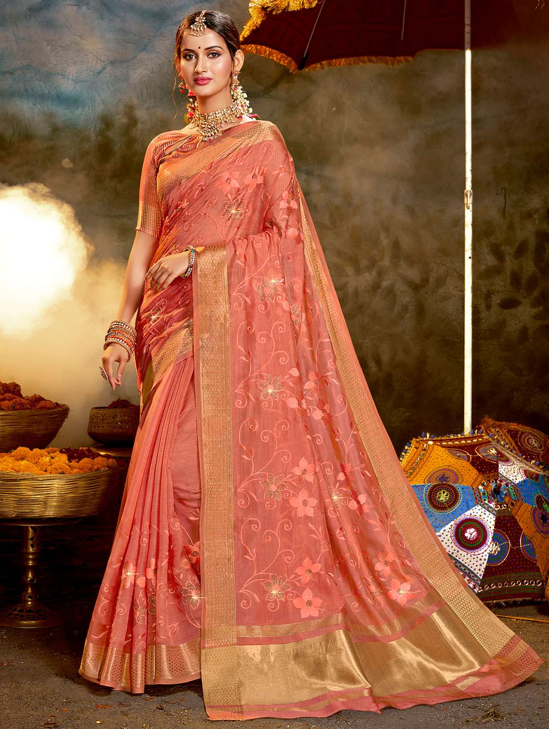 golden zari work tonal embroidered saree with blouse