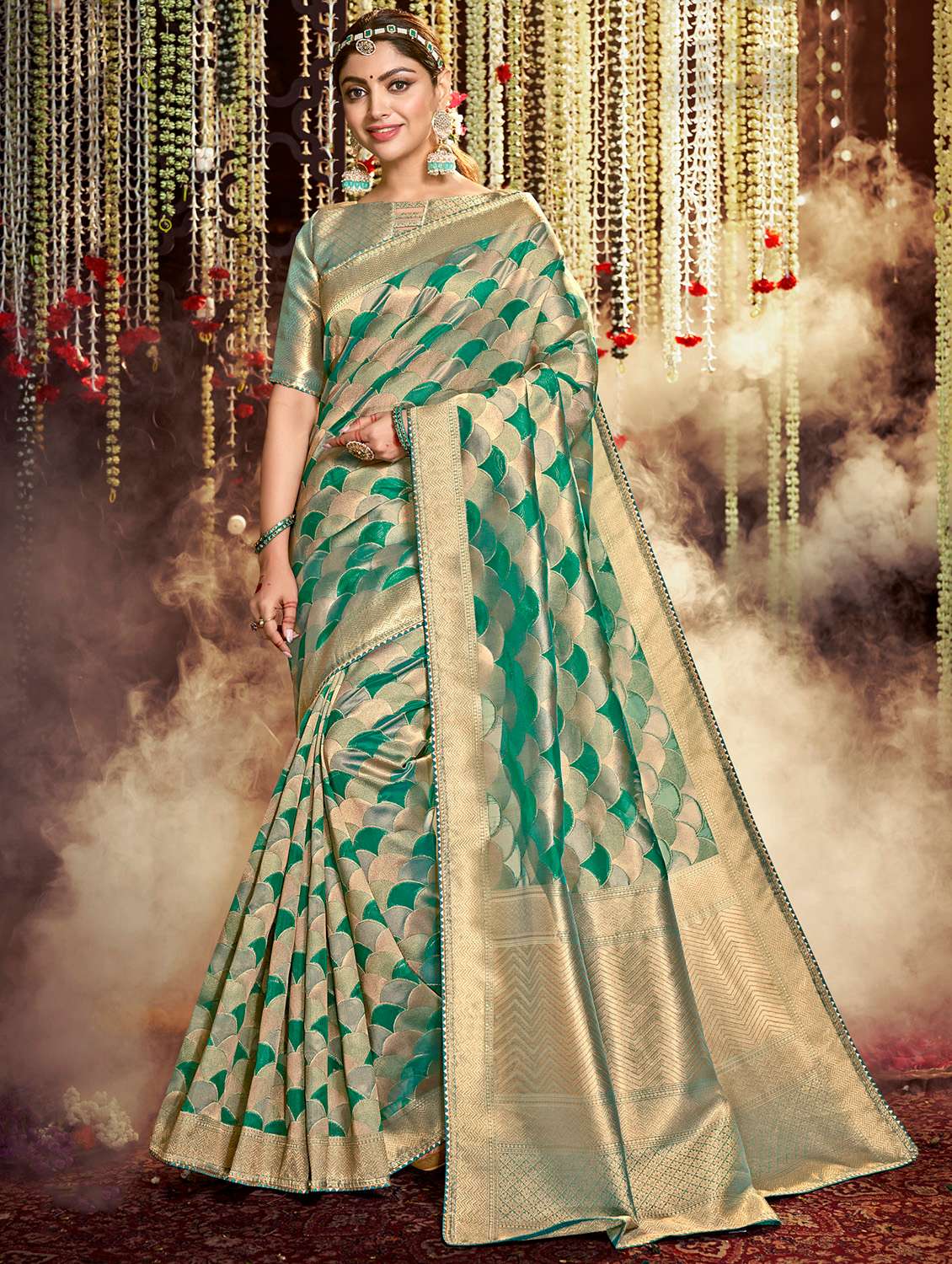 golden zari work tussar saree with blouse