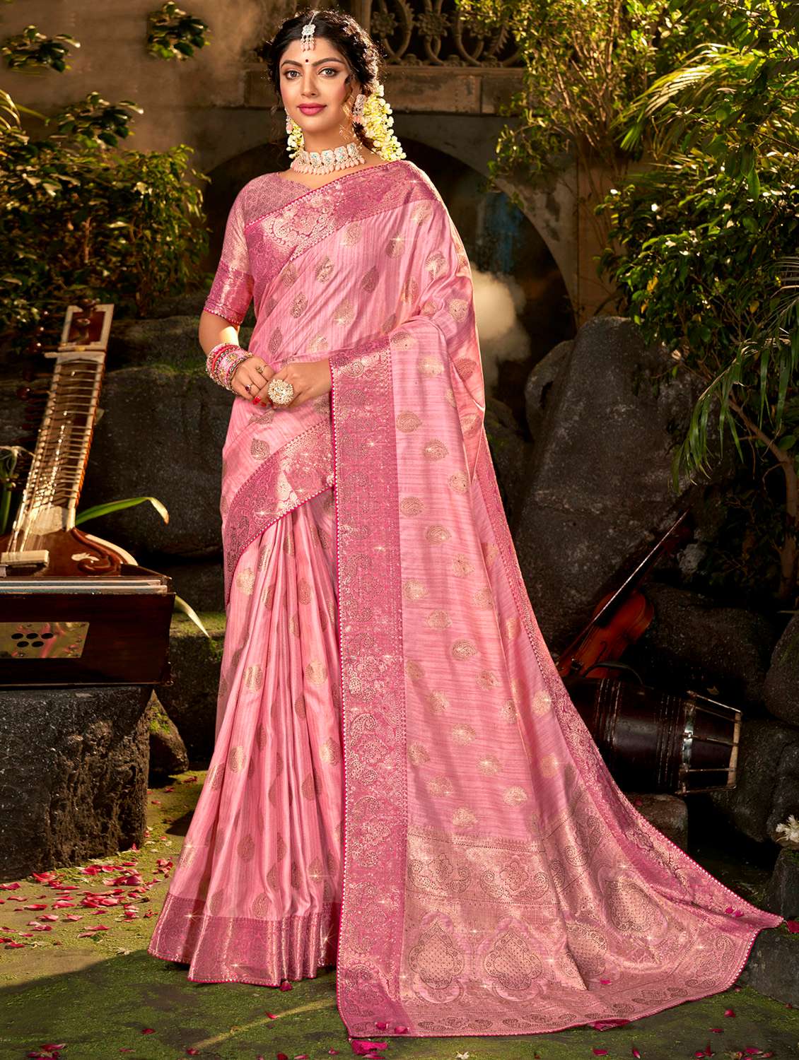 golden zari work woven saree with blouse