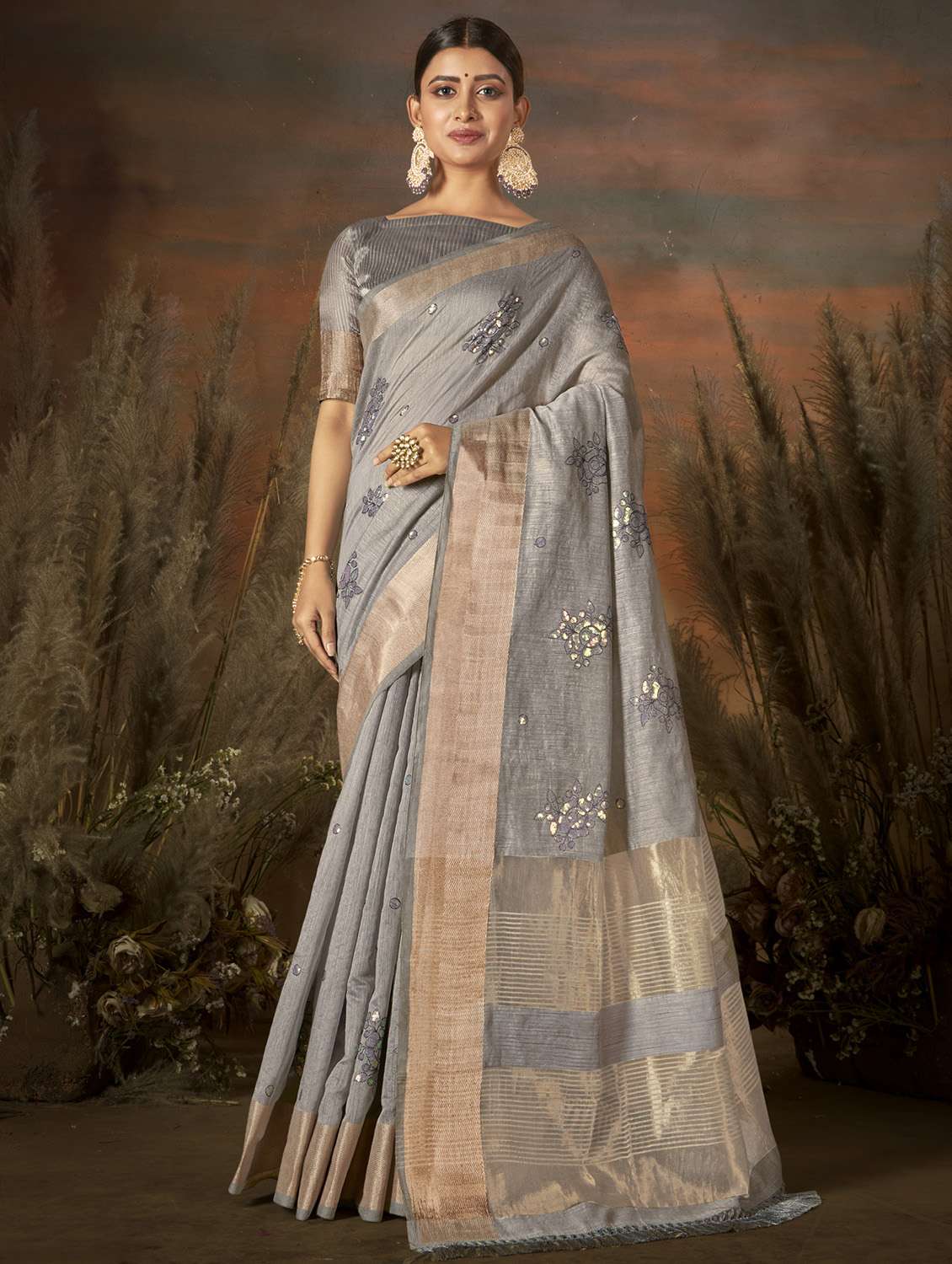 golden zari work woven saree with blouse