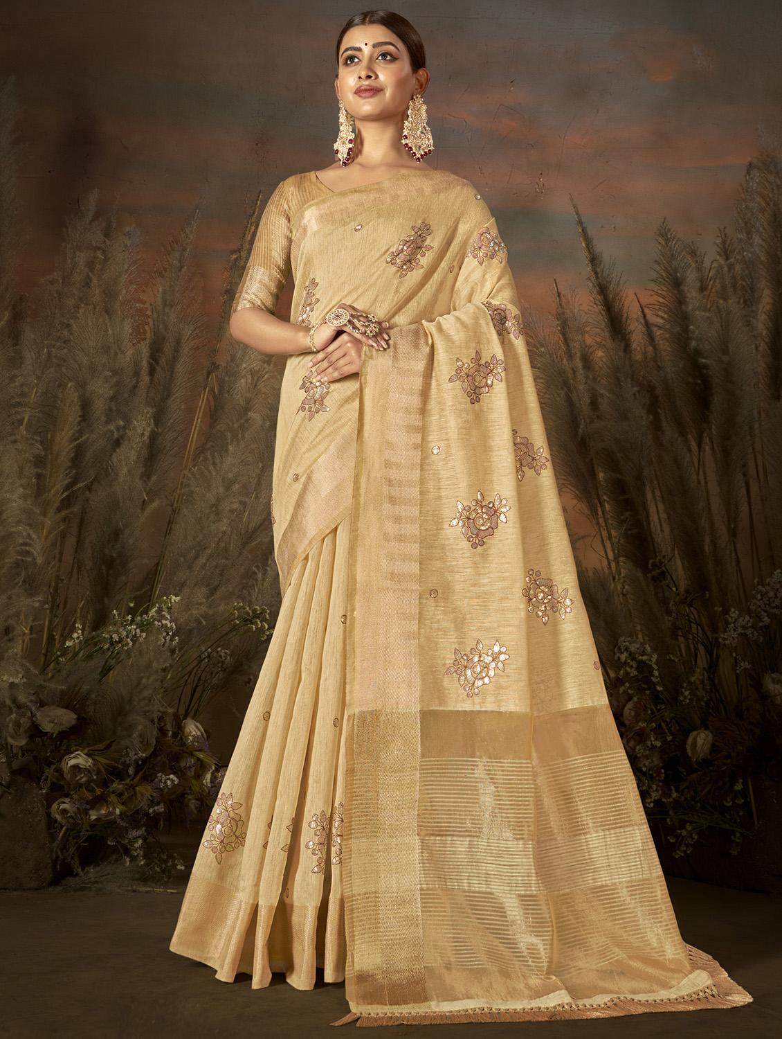 golden zari work woven saree with blouse