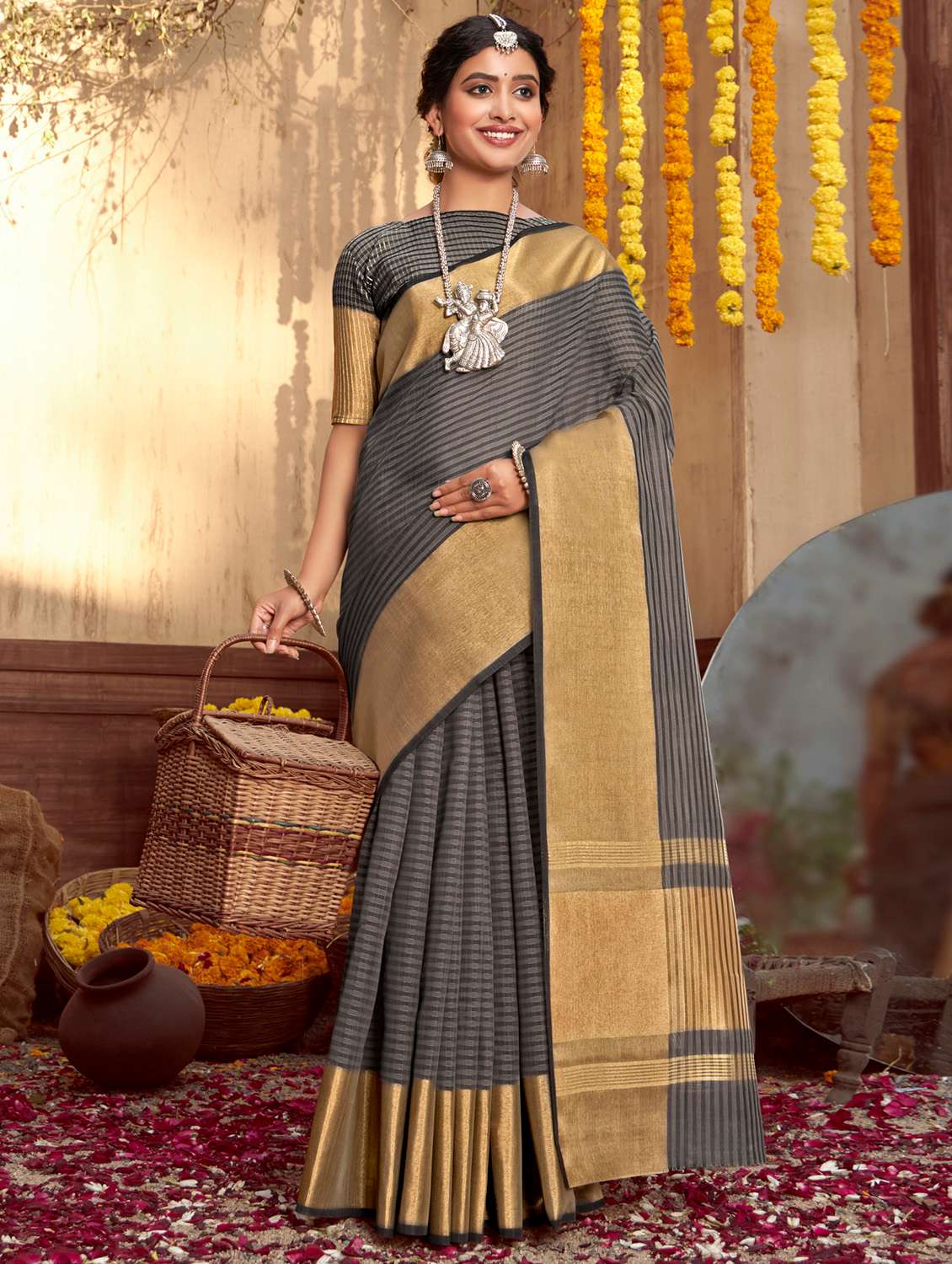 golden zari work woven saree
