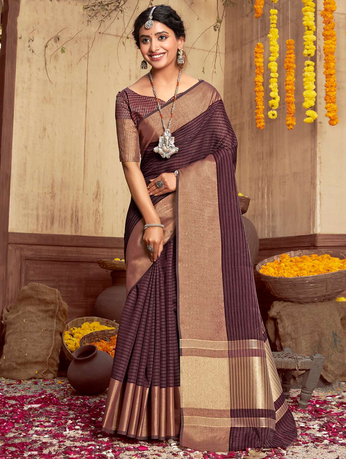 golden zari work woven saree with blouse