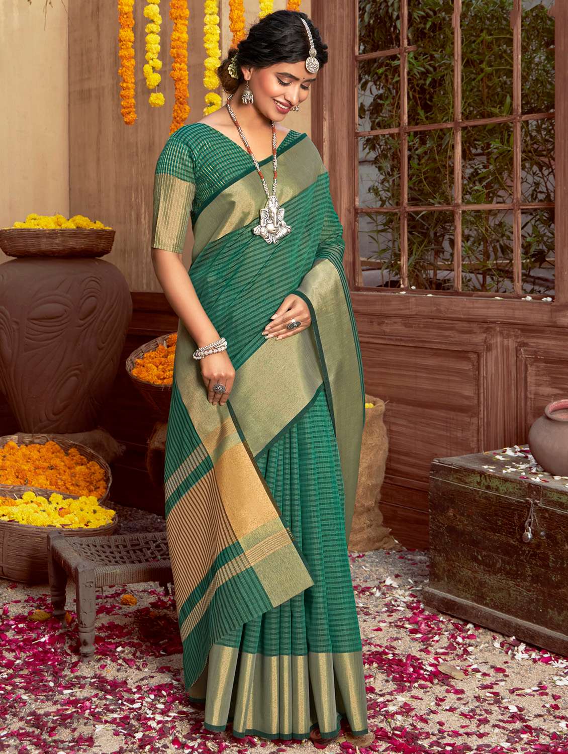 golden zari work woven saree with blouse