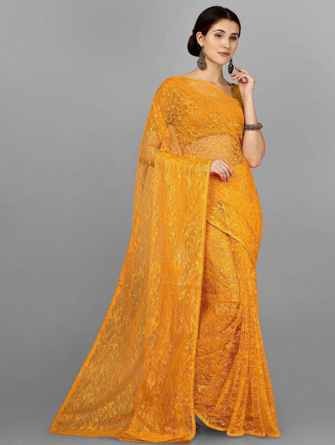 yellow net embroidered saree with blouse