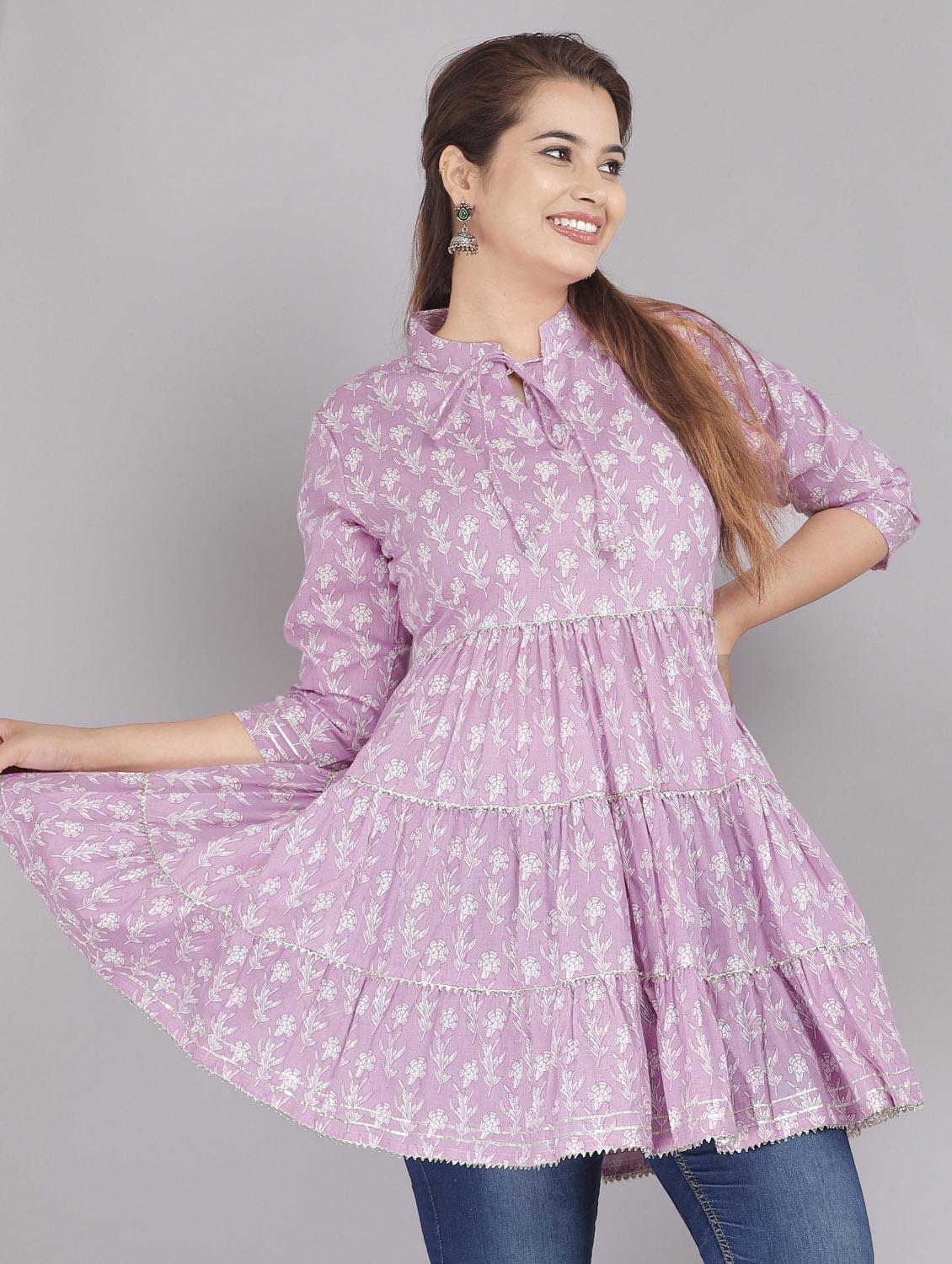 drawstring neck gota work floral kurti - 18443787 - Zoom Image - 0