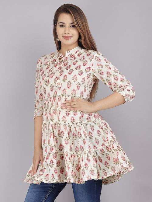 drawstring neck gota work floral kurti - 18443789 - Standard Image - 0