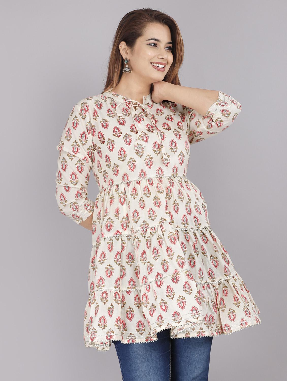 drawstring neck gota work floral kurti - 18443789 - Standard Image - 2