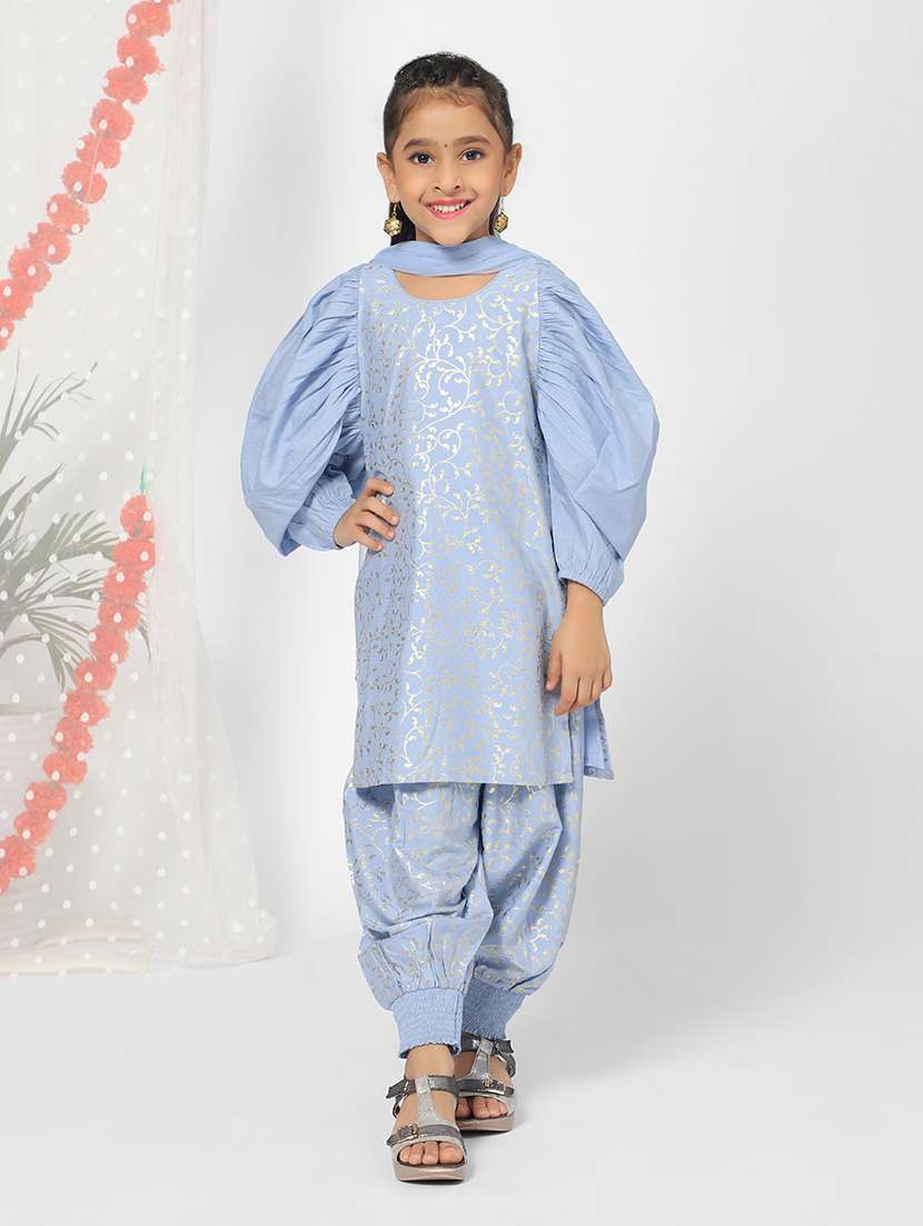 girl blue foil printed patiyala suit set with dupatta 