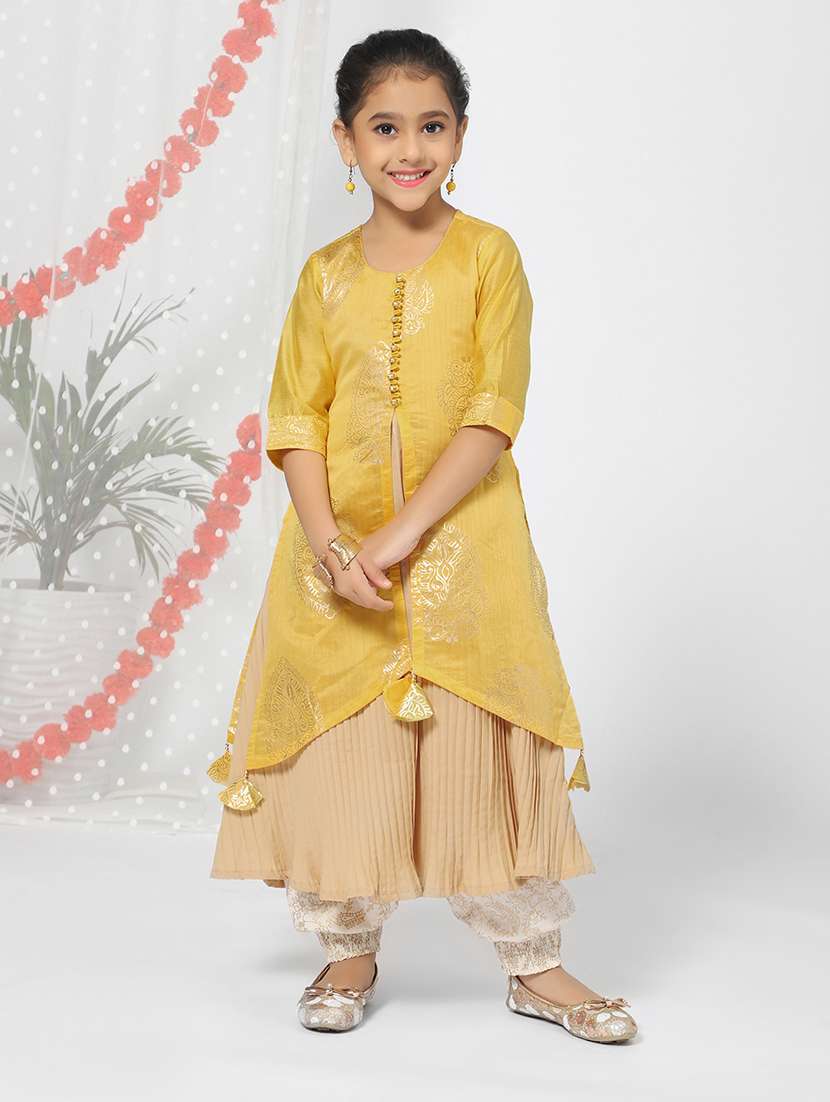 yellow printed layered kurta salwar set 