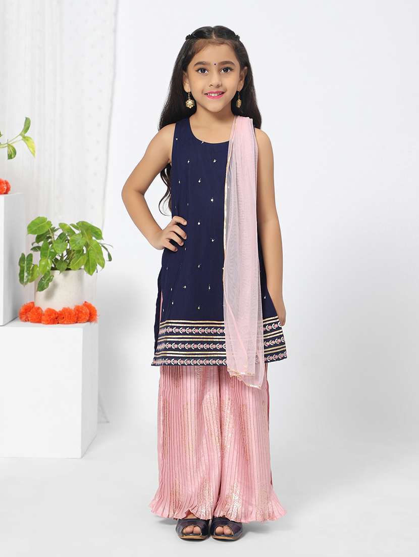 girl navy blue printed sequined detailed kurta palazzo set 