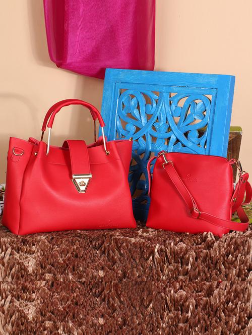 red solid regular handbag with sling bag - 18444816 -  Standard Image - 0
