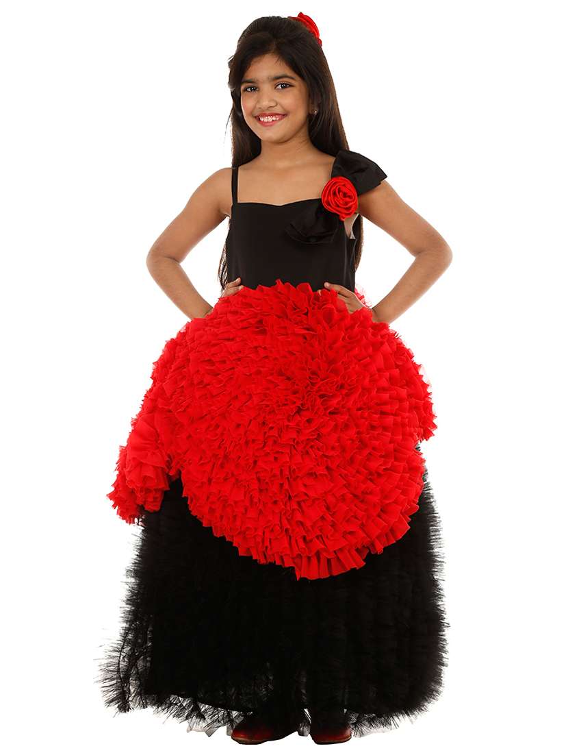 girls black solid layered party gown