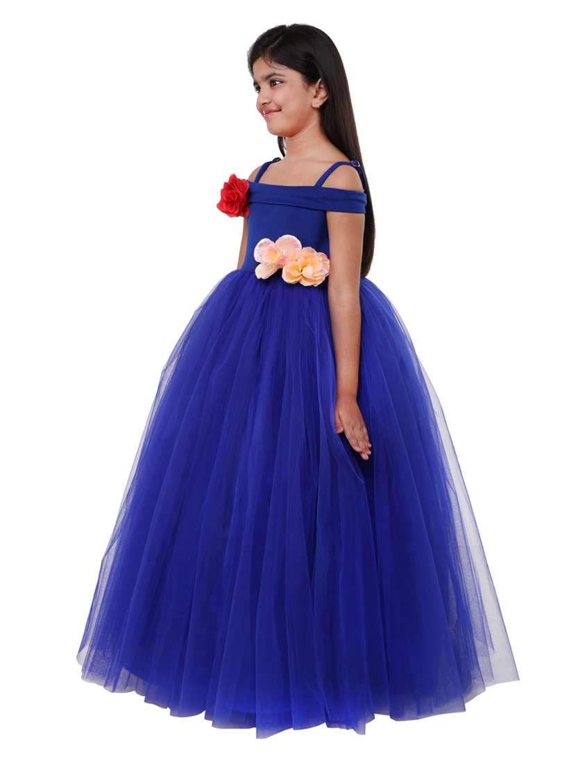 girls blue solid layered party gown